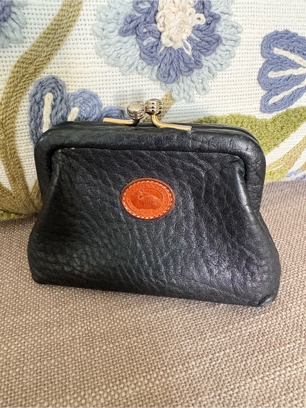 Dooney & Bourke Black Leather Kiss-Lock Coin Purse with Brown Logo Patch